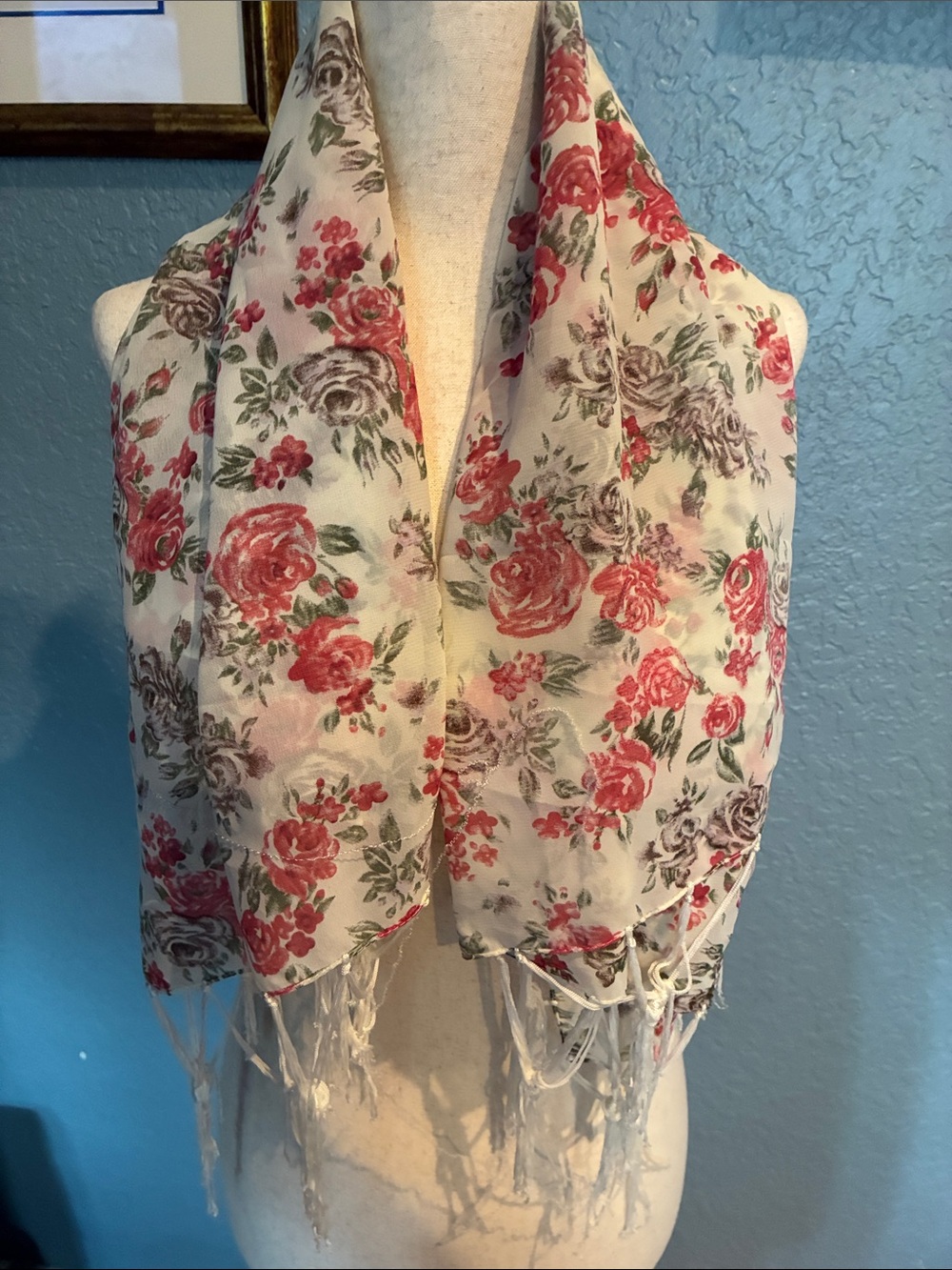 lei Floral Fringe Scarf in White, Pink and Green